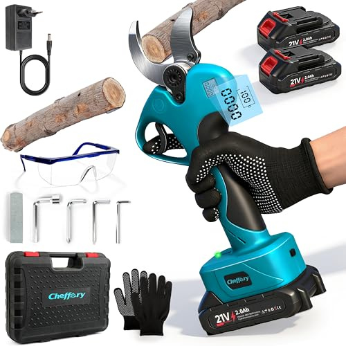 Cheffery Secateur Electrique Sans Fil, 60mm Sécateur à Batterie avec Lames Sharp SK5 800W Moteur Sans Balais Écran LCD, Coupe Branche Electrique pour Jardin Verger Ferme (Avec Batterie)