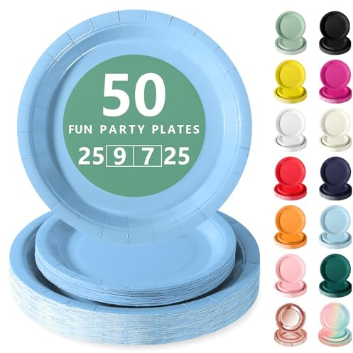 Nkaiso 50 Pcs Baby Blue Disposable Party Paper Plates Set | Party Supplies- 25x9inch & 25x7inch Plate Elegant Disposable Tableware for Birthday, Wedding, Shower