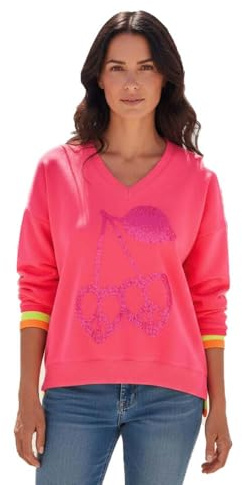 Miss Goodlife Damen Sweatshirt, Cherry Peace Strass V-Neck, MG14016, neonpink, L