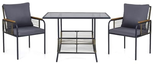 LIFEZEAL 3-TLG. Gartenmöbel Set, 3-teiliges Balkonmöbel-Set Rattan, Esstisch mit 2 Stühlen inkl. Sitzkissen, Terrassenmöbel Sitzgruppe für Balkon, Veranda, Garten, Hof (Dunkelgrau)