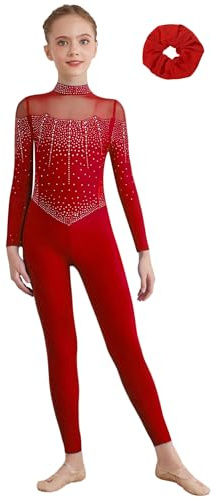 Miaeowve Voltigieranzug Mädchen Lang Kinder Strass Glänzend Gymnastikanzug Ganzkörper Ballettanzug Langarm Tanzoverall Jumpsuit Mit Haarband Dancewear