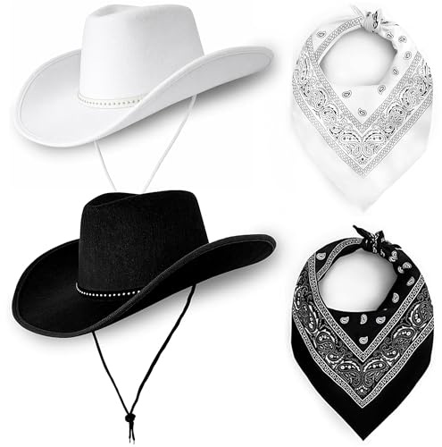Cowboy Cowgirl Hats Pack of 2 Felt Western Unisex (1 Black and 1 White Hats and Bandanas) Texas Texan Costume Accessories for Women, Men, Adults Wild West Fancy Dress (1x Black, 1x White & Bandanas)