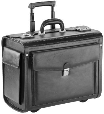 Dermata Leder Pilotenkoffer mit Trolley Rollen Notebookfach bis 15 Vollrindleder schwarz
