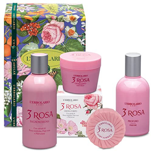 L' Erbolario - 3 ROSA - Confezione Regalo in Scatola Originale (Bagnoschiuma 250ml, Crema Corpo 200ml, Profumo 50ml,Sapone 100gr)