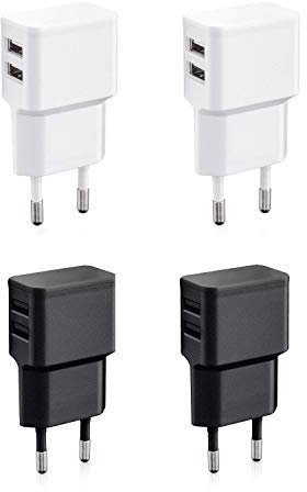 Wicked Chili 4 Cargadores USB Doble con Carga rápida Universal para Smartphone, Smartwatch, Powerbank y Altavoz Bluetooth, Cargador de Pared con 2 Puertos USB de 90° (12W/2,4A) 2X Blanco + 2X Negro