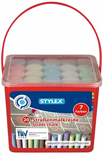 Stylex 48104-3x Straßenkreide im 20er Eimer, eckige Straßenmalkreide zum Bemalen von Asphalt und Pflasterstein, sortiert in 7 Farben
