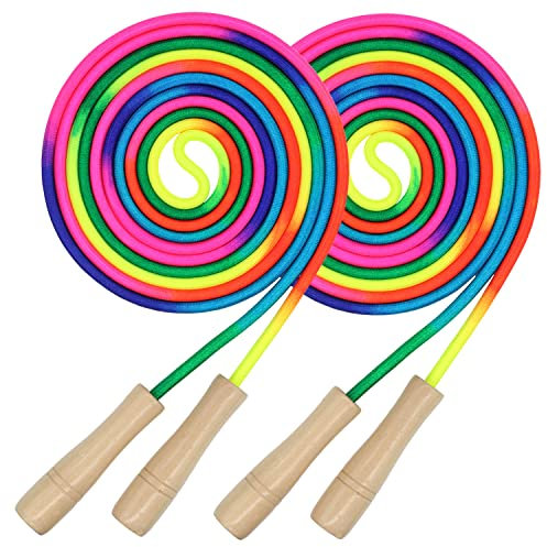 16 FT Long Jump Rope for Kids, 2 Pack Adjustable Double Dutch Skipping Rope with Wooden Handle, Multiplayer Rainbow Jumping Rope for Outdoor Fun, School Sport, Party Game