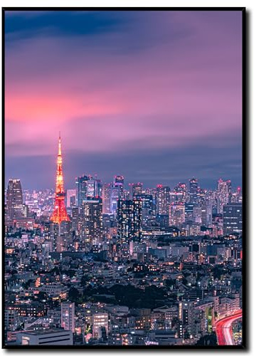 Wandbild Tokyo by Night I Tokio bei Nacht Skyline Japan Asien Tokyo Tower japanese City I Wohnzimmer Schlafzimmer I Bild mit Rahmen 50 x 70 cm
