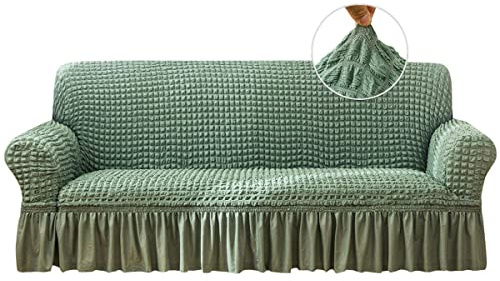 Qubjus Stretch Sofa Slipcover Couch Sofa Covers Washable Furniture Protector Sofa Bed Cover with Elastic Bottom and Skirt for Kids Pets (Green, Extra Large)