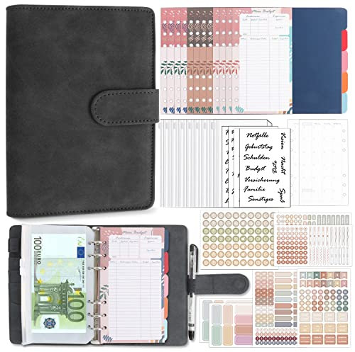 BIROYAL Budget Planner Deutsch | Budget Binder A6 PU Leder | Bugetplaner Deutsch Startset mit 12 Duplex-Budgetblätter, 14 Wochennotizblätter, 5 Farbkarten, 8 Geldumschläge&Set Budgetaufkleber