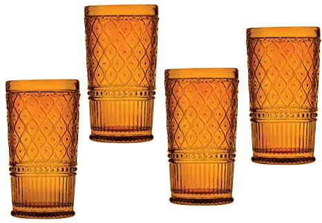 Godinger Highball Drinking Glasses, Tall Glass Cups, Vintage Decor, Water Glasses, Cocktail Glasses - Claro Collection, Large 17oz, Amber, Set of 4
