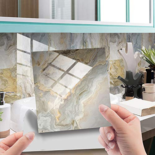 HORIWE Fliesenaufkleber Marmorierung 10x10cm Wandfliese Aufkleber 20 Stück PVC Fliesensticker Fliesen Folie Selbstklebende Tapete Wasserdicht Wandaufkleber für Küche, Schrank, Möbel, Tisch (Beiger)