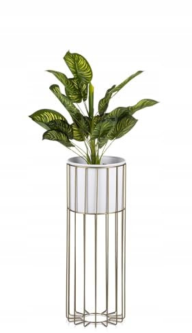 HowHomely Moderne Blumenständer Metall 55 cm Hoch mit Weiß Blumentopf Rund 19 cm Ø auf Robuste Gold Ständer - Pflanzenständer zur Dekoration Innenräumen