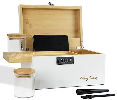 Viking Factory Premium Bamboo Storage Box with Removable Dividers, Decorative Wooden Organizer for Jewelry, Tea, Spices, or Valuables - Includes Accessory Trays