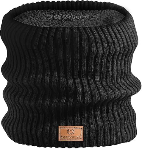 WESTWOOD FOX Winter Neck Warmer Snoods For Men Fleece Lined Thermal Knitted Snood Elastic Cold Weather Cycling Motorcycle Skiing Mens Scarf Face Mask Women Double Layer (Black)