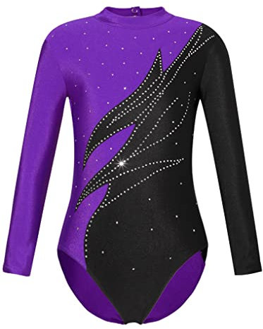 JanJean Mädchen Turnanzug Langarm Kinder Gymnastikanzug Klassisch Glänzende Turntrikot Gymnastik Tanzen Kleidung Violett B 122-128