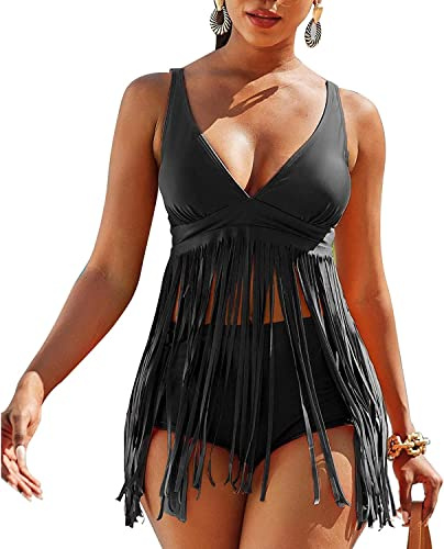 Luojida Costumi Donna Mare Due Pezzi Scollo a V Push Up Imbottito Reggiseno Bikini Coordinati Sexy Frange con Costume Vita Alta Pantaloncino da Bagno Spiaggia Estate