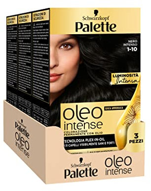 Schwarzkopf Palette Oleo, colorazione permanente copertura professionale capelli bianchi, 1-1 Nero Intenso, confezione da 3