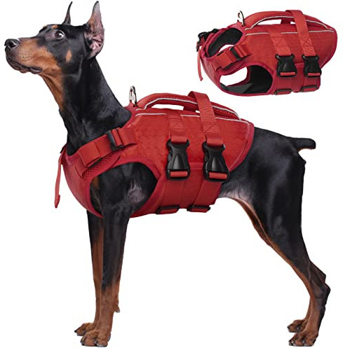 Kuoser Hunde Schwimmweste für kleine mittel große Hunde, Verstellbar & Ripstop Hunde Rettungsweste mit Rettungsgrif, Hoher Schwimmfähigkeit Haustier Lebensretter Welpen Badeanzüge für Strand Red XXL
