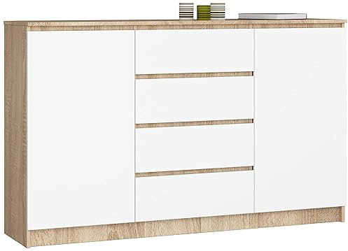 AKORD Kommode K 160 cm | 4 Schubladen und 2 Türen |für Wohnzimmer Schlafzimmer Schrank Wohnzimmer | Modernes Funktionelles Design | Schichtstoffplatte 16 mm | Farbe Sonoma/Weiß