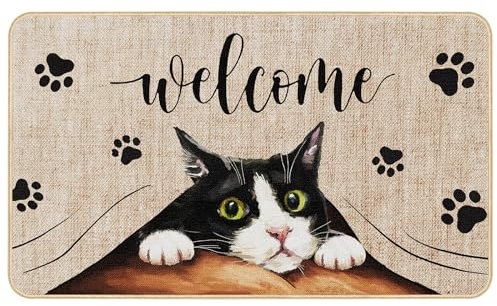 Welcome Cat Door Mat, Funny Cat Footprint Non Slip Entrance Floor Mat, Family Cat Decoration Indoor and Outdoor Entrance Mat 29 x 17 Inch Rubber Kitchen Doormat for Indoor Outdoor Holiday Decoration