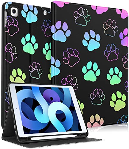 Pegmode for iPad 9th/8th/7th Generation Case Women Girls Cute Folio Cover Girly Kawaii Pretty Footprint Aesthetic Design With Pencil Holder Smart Cover for Apple iPad 9/8/7 Gen Cases A2602 A2270 A2197