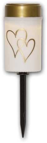 world-trading-net - 2er Set Solar LED Grablicht HERZ, weiß/gold, Höhe 12cm, Durchmesser 7cm, Dämmerungssensor, Erdspieß, imitiert natürliche Flamme