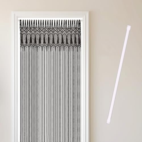 Cozyor Makramee Boho Vorhang + Klemmstange 70-120 cm ohne Bohren Türvorhang Fenstervorhang 132x200cm Raumtrenner, Wandbehang & Deko schwarz weiß, Hochzeit handgemacht