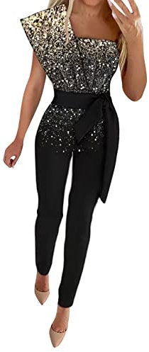Overall Damen Elegant Sexy Jumpsuit Pailletten Einteiler Overall Mit Glitzer Playsuit Hohe Taille Vintage Latzhose Mit Gürtel Arbeitshose Slim Strampler Spielanzug Lang Hosenanzug