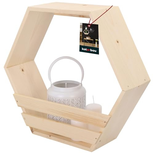 KOTARBAU® Hexagon Wandregal Natural 14x47x41 cm Hexagon Regal Holz mit Ablage Blumenregal Wandregal Hexagon Holz
