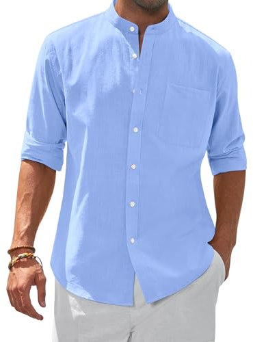 siliteelon Men's Long Sleeve Linen Shirt Light Blue Regular Fit Casual Summer Beach Shirt with Pocket,Large