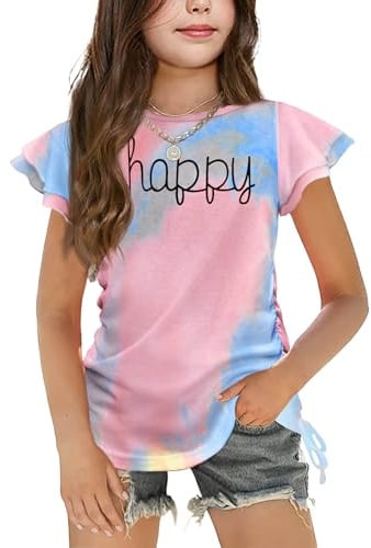 Arshiner Maglietta da Bambina Maniche con Volant Maglietta per Bambini Girocollo Top Casual Top Abbigliamento per Bambini con Coulisse 5-12 Anni