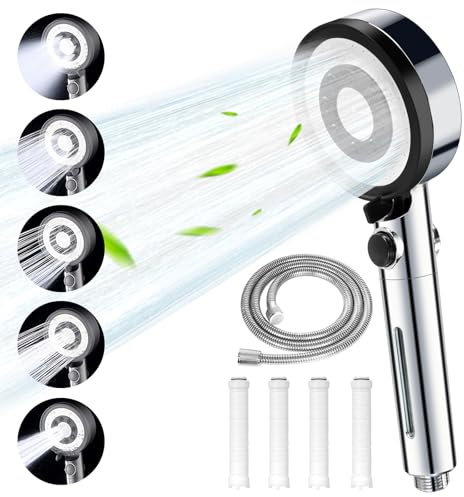 Soffione Doccia Anticalcare Con Filtro, Alta Pressione, 5 Funzioni Getto, Tubo 1.5M, Pioggia Con Funzione di Arresto