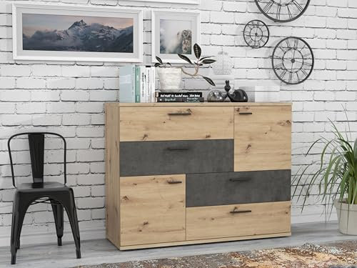 möbelando Sideboard >Skive< 4 Schubladen, 2 Türen, in Betonoptik/Artisan Eiche Dekor - 124,9x95,9x41,3cm B/H/T