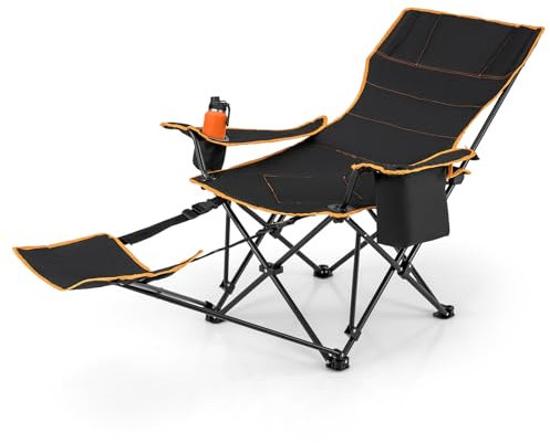 GOPLUS Chaise de Camping avec Repose-Pieds Amovible, Chaise de Camping Portable 2 en 1, avec Dossier Réglable, Porte-gobelet, Sac Isotherme, Chaise Longue Pliante pour Pique-Nique, Pêche