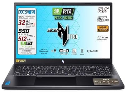 acer Nitro Notebook Gaming, Intel i5 13420H, RAM 32 Gb DDR5, SSD PCI 512Gb, Display 15,6 IPS 144Hz, NVIDIA GeForce RTX 4050, Tastiera Retroilluminata, fingerprint, Win 11 Pro - Preconfigurato