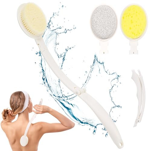Cepillo Espalda Ducha, Crema de Espalda con Mango Largo, Cepillo Exfoliante Corporal, Aplicador de Loción Plegable Esponja Ducha Cepillo Cuerpo con 3 Cabezales de Repuesto, Para Personas Mayores