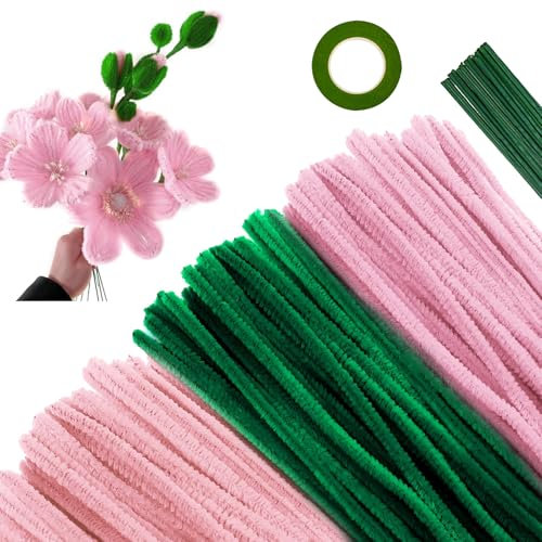 APKOL 300 pezzi Scovolini Ciniglia Colorati per Lavoretti Rosa + verde Pipe Cleaner con Stelo Filo Floreale e Nastro Floreale di DIY Carta per Rosa Fai da Te Decorativi Artigianato