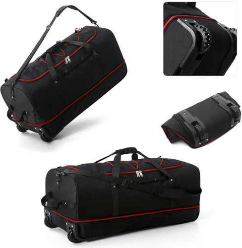 YHYEH 32 Reisetasche mit Weichen Seiten, Faltbar und mit Rollen, Erweiterbar von 110L auf 140L, Rolltasche mit 2 Rollen und Mehreren Taschen,Schwarz-rot