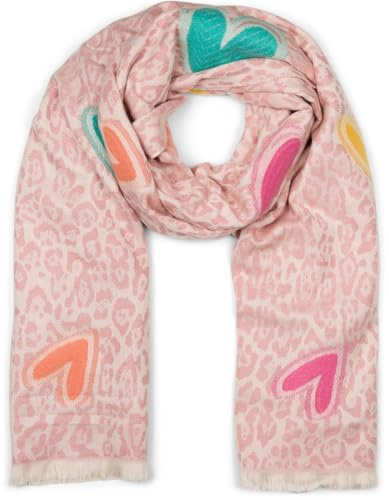 styleBREAKER Damen Schal Leo Muster Stickerei | 194x67 cm Maß, 100% reine Viskose, kurze Abschlüsse an den Enden, verziert mit aufgestickten Herzen.