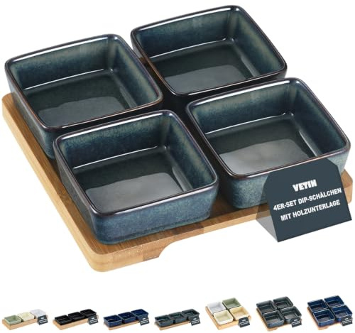 VETIN Keramik Dipschalen Set mit Holzbrett, Snackteller für Snacks (Farbverlauf Grün 4er Set)