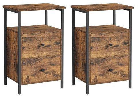VASAGLE Nachttisch, 2er Set, Beistelltisch, mit 2 Schubladen, für Schlafzimmer, Wohnzimmer, Industrie-Design, vintagebraun-schwarz