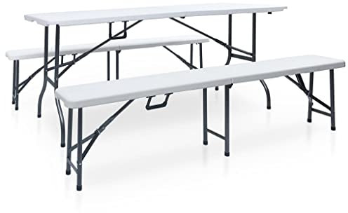 Xichuzi Klappbarer Gartentisch mit 2 Bänken, Gartenmöbel Set, Garnitur, Sitzgarnitur Garten, Balkon Möbel Set, Garten Möbelsets, 180 cm Stahl und HDPE Weiß