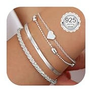 CASSIECA 3Pcs Armband Damen 925 Sterling Silber Armbänder Silver 925 Fischgräten Herz Armband Set Verstellbare Stapelbare Kettenarmband Schmuck für Damen Mädchen