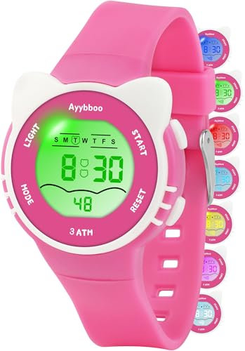 Ayybboo Orologio Digitale Illuminato a 7 Colori, Impermeabile 3ATM per Bambini e Bambine da 4 a 12 Anni