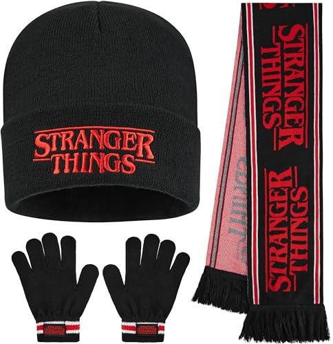 Stranger Things Mütze Kinder Handschuhe & Schal Winter Set, Warme Beanie Wintermütze, Lizenziert, Geschenke für Jungs