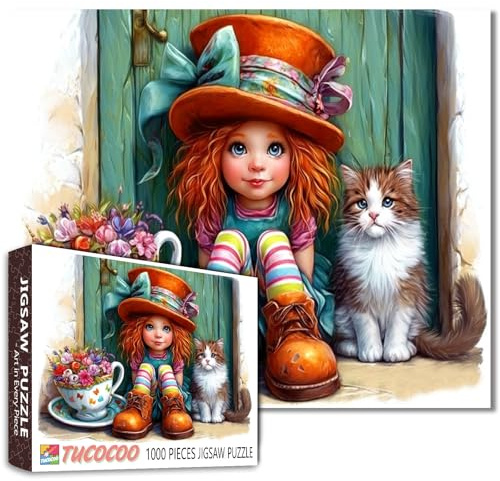 Tucocoo Casse-tête de 1 000 pièces pour adultes avec fille mignonne et chat, puzzle d'art fantastique avec tasse à thé, fleurs, chaussettes colorées, grand chapeau, cottage douillet pour la détente et