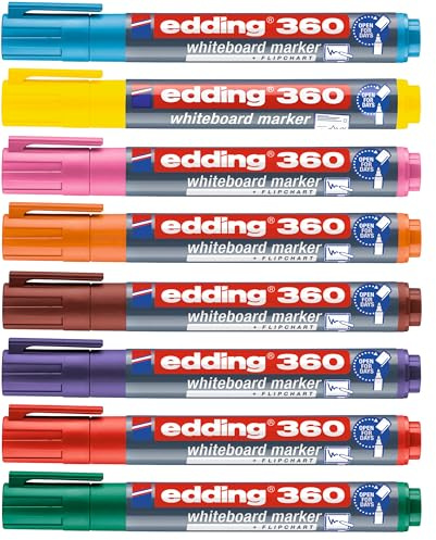 edding 360 Whiteboardmarker - bunte Farben - 4 Whiteboard Stifte - Rundspitze 1,5-3 mm - Boardmarker abwischbar (Farbmix Edition, 8er Set)