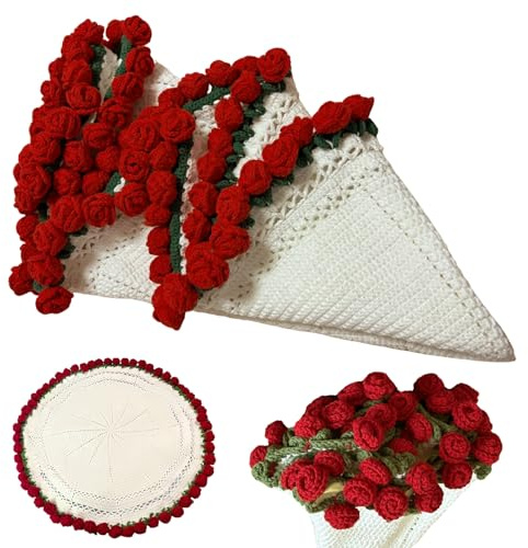 bssmmai Häkelblumenstraußdecke, Blumenstrauß Decke, Flower Bouquet Blanket, Handgefertigte Rosendecke, Gestrickte Überwurfdecke, Blumendecken für Geburtstag, Muttertag