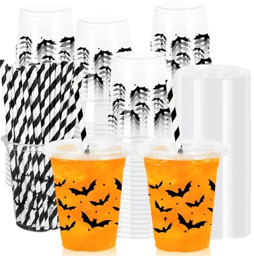 Whaline 50Pcs 12Oz Halloween Plastic Cups with Lids & Straws Black Bat Disposable Clear Drinking Cups for Home Party Supplies